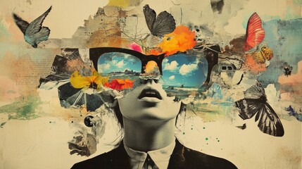  A Dreamy Collage Of A Woman With Butterfly-Filled Glasses Reflecting A Beach Scene.  Vintage Textures, Vibrant Colors, And Surreal Elements Create A Whimsical Atmosphere.