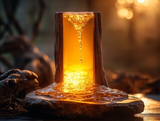 Poster - Handcrafted Wooden Progress Bar Filled with Glowing Golden Liquid on Rustic Background