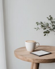 Poster - Minimalist Tech-Centric Home Office Wooden Table with Tablet Displaying Crypto Trends and Coffee - Strategic Financial Planning and Digital Asset Management for Modern Professionals
