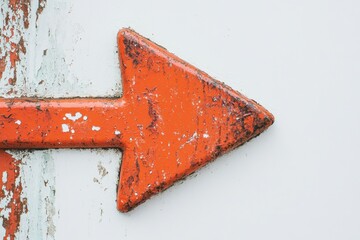 Poster - Bright orange arrow pointing right on a weathered white wall during daylight. Generative AI