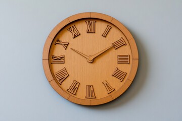 Wall clock with wooden design featuring Roman numerals hangs on a light blue wall in a modern interior space. Generative AI