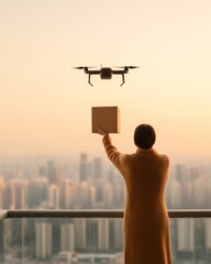 Poster - Urban Tech Harmony Drone Delivery to Modern Balcony - Smart Mobility Solution for Business Innovation and Sustainable City Logistics