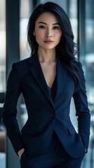 Wall Mural - Professional businesswoman with sharp features, black hair, wearing a tailored navy suit, standing in a modern glass office, soft natural lighting