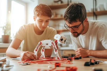 Poster - Warm Minimalist Home Robotics Scene Teen and Parent Assembling DIY Robot Dog in Sunlit Kitchen - Educational Tech for Family Bonding and STEM Innovation