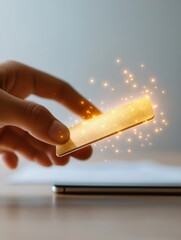 Poster - Modern Minimalist Finance Gold Card with Smartphone in Soft-focus Office - Next-Gen Fintech Visualization and Seamless Digital User Experience