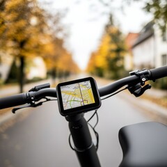 Poster - Eco-Tech Infusion Sleek Cargo Bike Handlebar with Digital Navigation Screen on Urban Street - Sustainable Transport Solutions and Low-Carbon Logistics Innovation