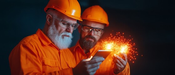 Aufkleber - Industrial Tech Fusion Skilled Technicians Optimize Machinery Diagnoses via Digital Tablets in High-Tech Factory Setting - Enhancing Manufacturing Efficiency and Specialized Workforce Expertise