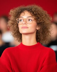 Poster - Contemporary Scholastic Ambiance Curly-Haired Student in Vibrant Red Knitwear Focusing in Diverse Classroom - EdTech Visual Content and Modern Educational Marketing
