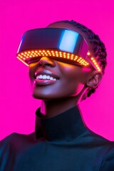 Aufkleber - Neon Futurism A Dynamic Close-Up of Black Woman in Neon-Lit VR Glasses - Inspiring Tech Trends for Digital Marketing and Virtual Reality Innovations