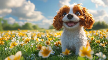 Wall Mural - Cute puppy in the flowers