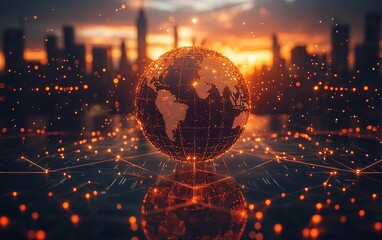 Poster - futuristic global business shareholders discussing ventures through connected holograms and glowing 