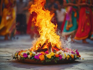 Bonfire with flowers in a ring, center of Indian ceremonies