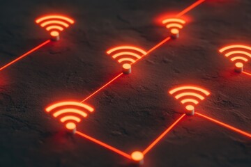 Fototapete - Retro-Futuristic Network Illuminated Data Pathways on Dark Industrial Surface Smart City Tech Visualization for Business Innovation and Digital Network Solutions