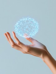 Fototapete - Minimalist Tech Gesture Hand Reaching for Glowing Light Sphere with Particle Effects - Innovation in Digital Interaction for Business Breakthroughs