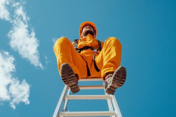 Aufkleber - Vibrant Connectivity Maintenance Engineer on Metal Ladder with Clear Sky - Dynamic Telecom Industry Visuals and Reliable Network Promotion