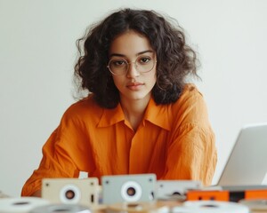Poster - Retro Tech Vibes Young Woman Curates Cassette Collection on Wooden Table - Urban Cultural Content and Digital Heritage Marketing
