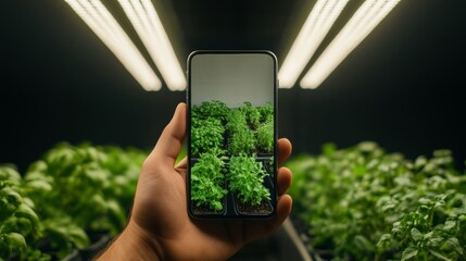 Poster - Modern Urban Smart Gardening Smartphone Interface with Real-Time Herb Growth Data, Illuminated by Advanced LED Tech - Innovations for Urban Living and Agritech Solutions