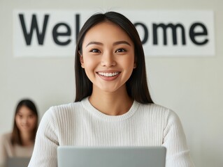 Poster - Minimalist Glass Workspace Young Asian Woman with Laptop in Bright, Open Office - Enhancing Digital Collaboration and Startup Culture with Transparent Design