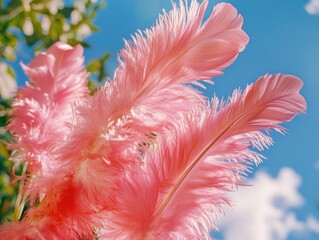 Wall Mural - pink feathers on a blue sky. the sky is clear and bright