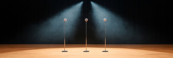 Aufkleber - Contemporary Performance Stage Minimalist Microphone Setup on Hardwood Floor - Live Sound Content and Audio Production for Modern Concert Venues