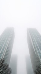 Aufkleber - Futuristic Urban Skyline Korean Skyscrapers in Fog - Modern Architecture and Design Inspiration for Real Estate Marketing and Urban Development Projects