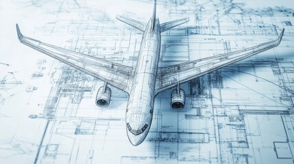 Fototapete - Detailed technical blueprints showcasing airplane design with annotated specifications on a blueprint background. Generative AI