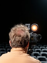 Aufkleber - Cinematic Focus Video Camera on Black Tripod in Contemporary Auditorium for Professional Conference Filming - Enhancing Business Documentation and Digital Media Production