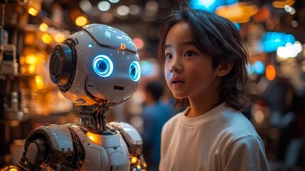 Poster - Excited Startup Founder Stands Beside Illuminated Robot Prototype Innovative Futuristic Portrait