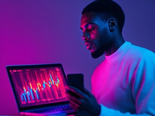 Fototapete - Neo-Futuristic Crypto Workspace Young Black Man with Smartphone and Laptop in High-Tech Neon Office - Digital Asset Management for Innovative Financial Startups