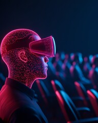 Aufkleber - Neon-Tech Lecture Hall AR-Enhanced VR Headset Experience in High-Tech Auditorium - EdTech Innovation and Immersive Learning for Next-Gen Student Engagement