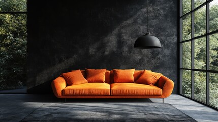 Wall Mural - Modern Living Room with Orange Sofa and Black Pendant Light against Dark Wall