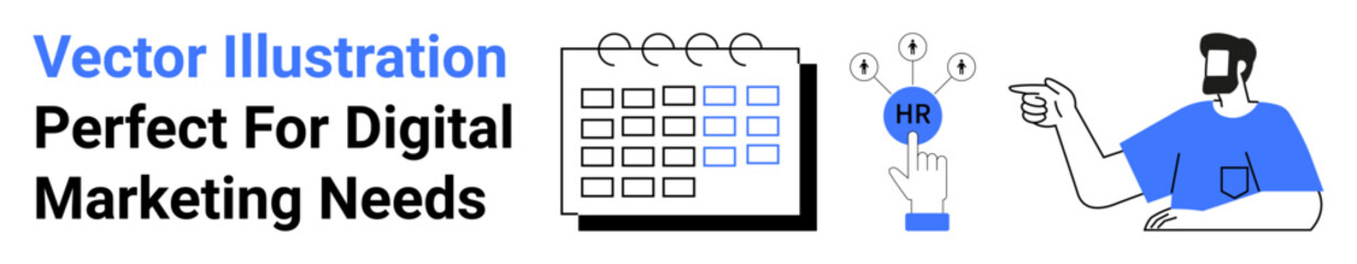 Calendar organizer, HR touch interface button, and male professional avatar in blue shirt. Ideal for HR management, scheduling, teamwork, job recruitment, corporate strategy, digital applications