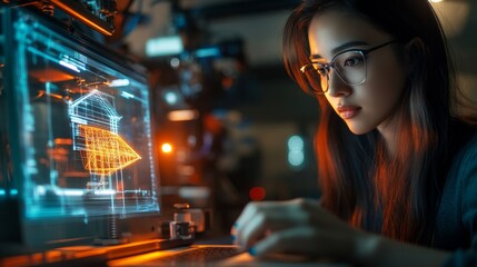 Poster - Sleek Architectural Printing East Asian Woman in Tech Workspace with Metallic Accents Modeling Holographic Designs - Innovative Aesthetic for Modern Design Professionals