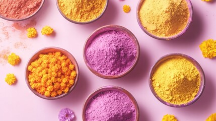 Wall Mural - A collection of bowls filled with various colored powders are arranged in a row. The bowls are of different sizes and colors, and they are placed on a pink surface