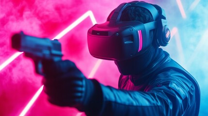 Aufkleber - Futuristic Esports Experience Indian Teen with VR Gear Amidst Dynamic Neon Lights in High-Tech Arena - Immersive Gaming for Next-Gen Tech Enthusiasts