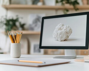 Poster - Contemporary Digital Art Workspace Streamlined Graphic Tablet and Stylus on Minimalist Desk for NFT and Sculpture Design Enhancing Creative Innovation in Modern Studios