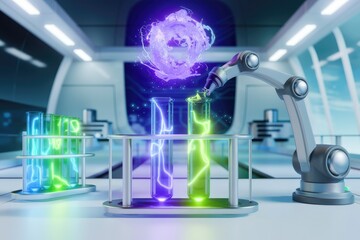 Poster - A robotic arm pours glowing liquid into test tubes in a futuristic laboratory, signifying scientific advancement.