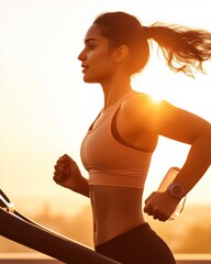 Aufkleber - Serene Home Fitness Indian Woman Running on Sleek Treadmill with Sunlit Views - Smart Health Tech for Modern Living and Personal Well-being