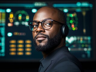 Aufkleber - Futuristic Mission Control Confident Black Engineer with Headset in High-Tech Room - Digital Collaboration and STEM Inspiration for Educational Advancement