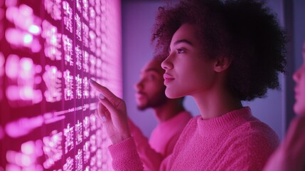 Leinwandbilder - Futuristic Digital Workspace Diverse Team Engaged with Interactive Neon Holographic Displays - Enhancing Tech Innovation and Collaborative Strategies in Modern Business