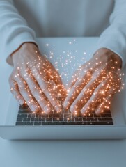 Aufkleber - Cyber Aesthetic Illuminated Hands Typing on Sleek Laptop Amid Digital Networks - Secure Remote Access Solutions for Tech-Savvy Enterprises