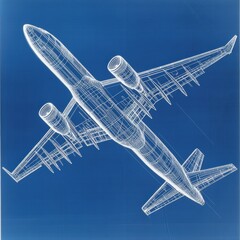 Fototapete - Blueprint showing detailed technical design of a modern airplane from an aerial perspective. Generative AI