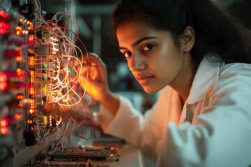 Aufkleber - Tech-Chic Electrical Lab Setup Indian Female Student Engaged in Circuitry with Multimeter and Soldering Iron - Vocational Training and STEM Innovation for Modern Careers