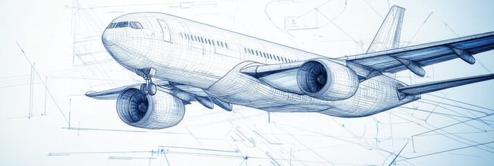 Fototapete - Technical blueprints showcasing intricate design details of a commercial airplane with engines and structured components. Generative AI