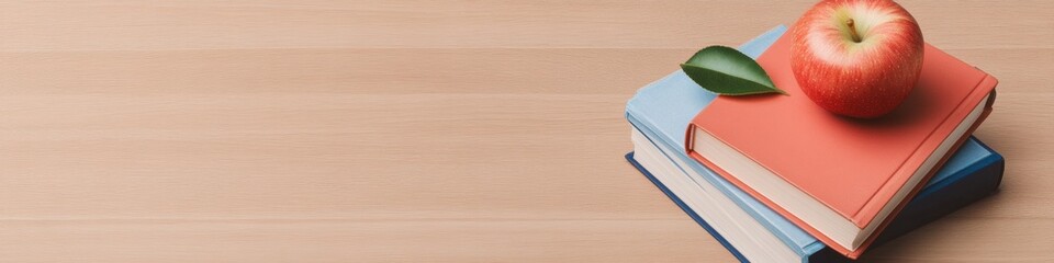 Poster - Rustic Academia Stack of Hardcover Books with Apple on Minimal Wood Surface - Educational Branding and Knowledge-Driven Content for Learning Initiatives