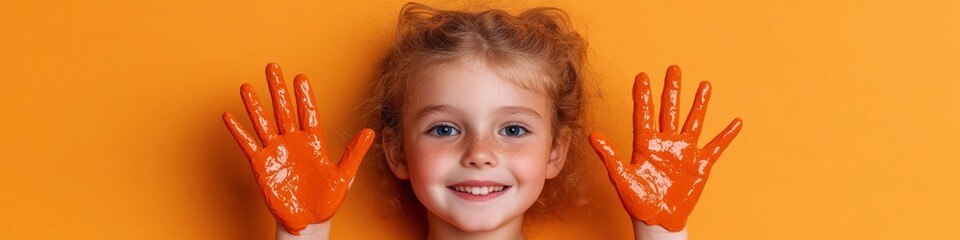 Aufkleber - Vibrant Childhood Art Smiling Girl with Paint-Covered Hands on Orange Backdrop Creative Expression Content and Emotional Well-being in Educational Marketing