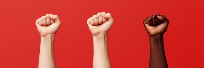 Poster - Bold Minimalist Unity Concept Diverse Hands in Fist Gesture on Bold Red Backdrop - Social Movement Messaging and Cultural Campaigns for Inclusive Brand Awareness