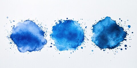Poster - Vibrant blue watercolor splashes on a white background creating artistic patterns and textures