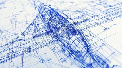 Fototapete - Technical blueprints showcasing intricate design details of an airplane structure and components in clear blue lines. Generative AI