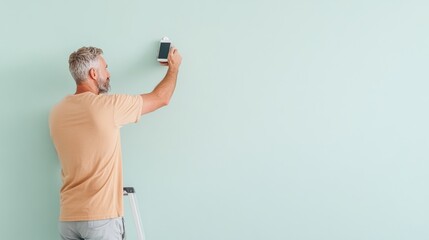 Poster - Sleek Smart Home Security Setup Middle-aged Man Installing White Smart Camera on Minimalist Wall - Enhanced Safety Solutions for Urban Smart Living